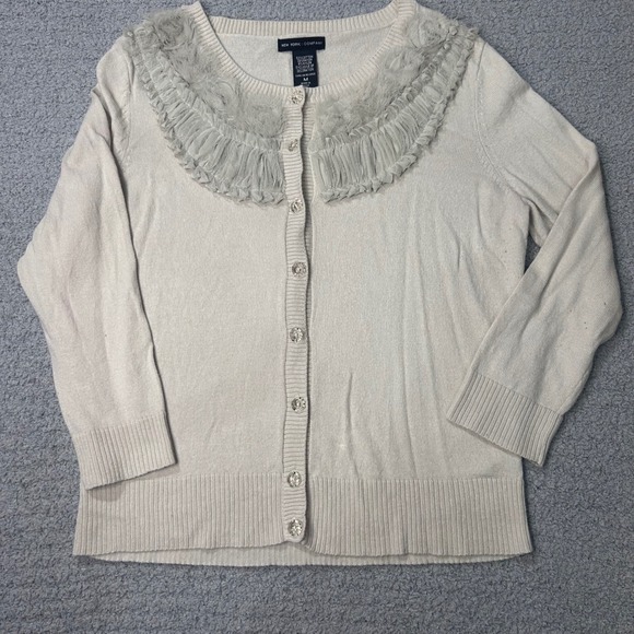 New York & Company Sweaters - New York & Company Y2K Cardigan Ruffle Trim‎ M Cream Coquette Balletcore Whimsy